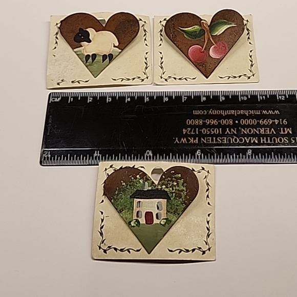 Primitive Folk Art Heart Shaped Brooches With Images of a Lamb, Cherry, & Cottag - Picture 9 of 10